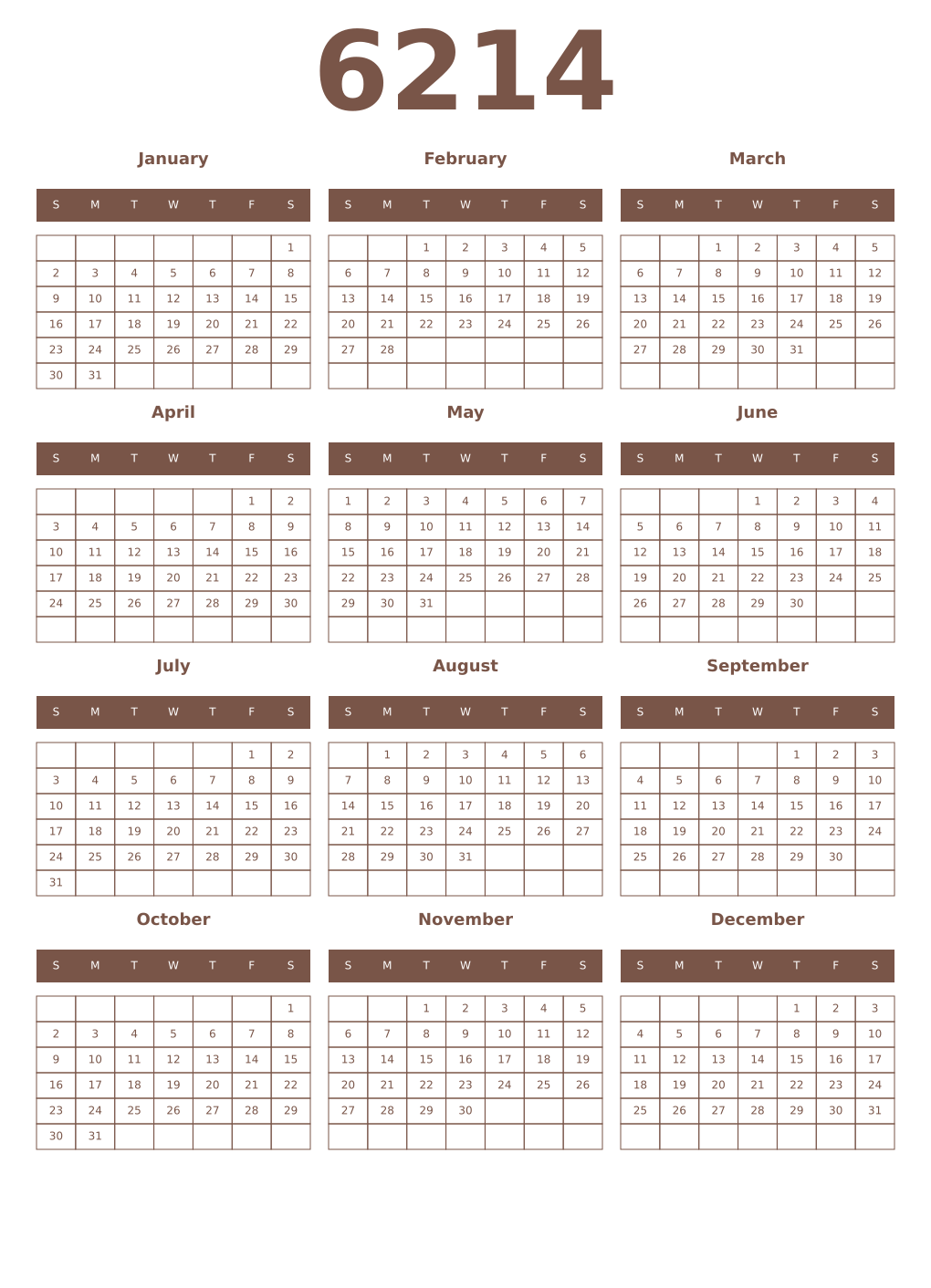 Printable 6214 Year Calendars coffe