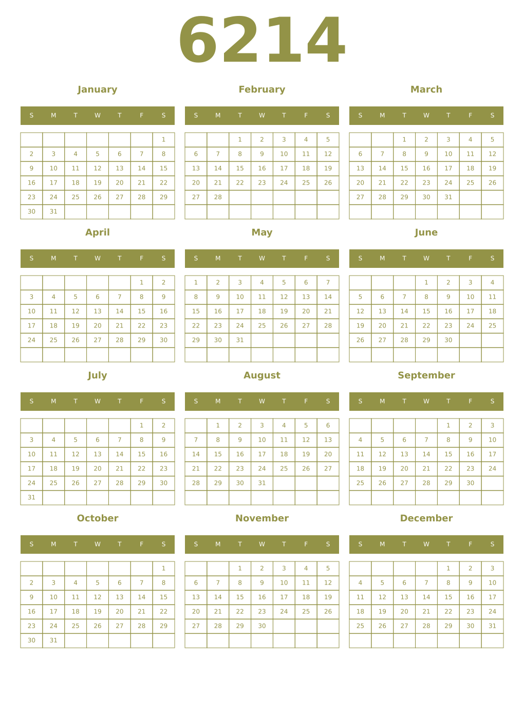 Printable 6214 Year Calendars eburnean