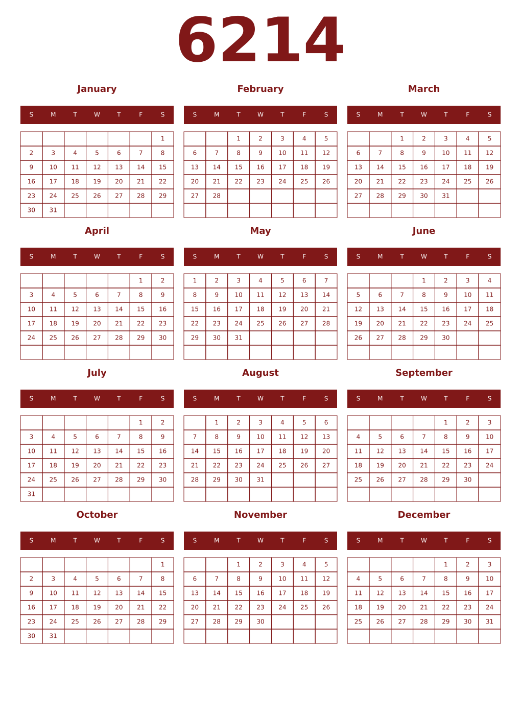 Printable 6214 Year Calendars falu