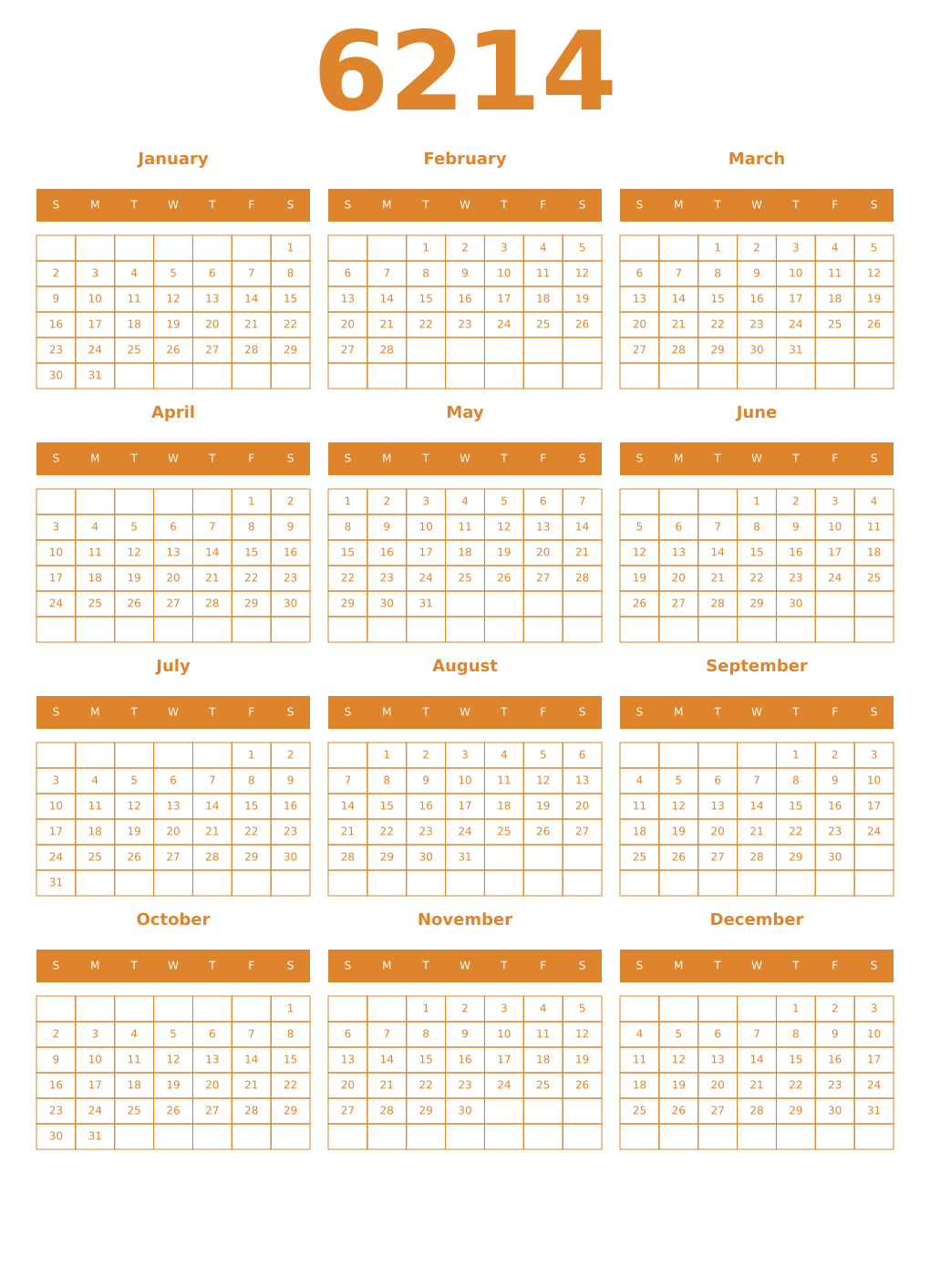 Printable 6214 Year Calendars orange