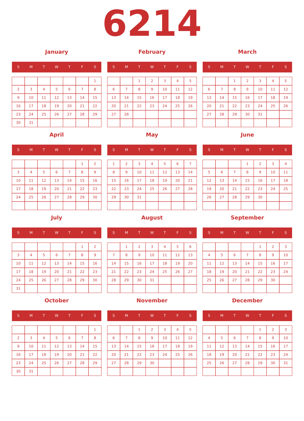 Printable 6214 Year Calendars red