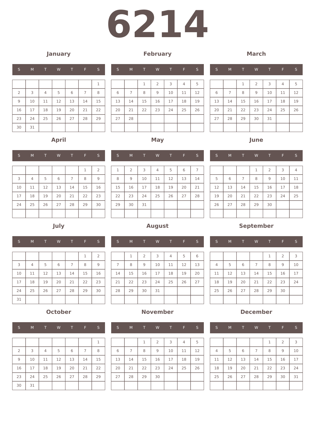 Printable 6214 Year Calendars wenge