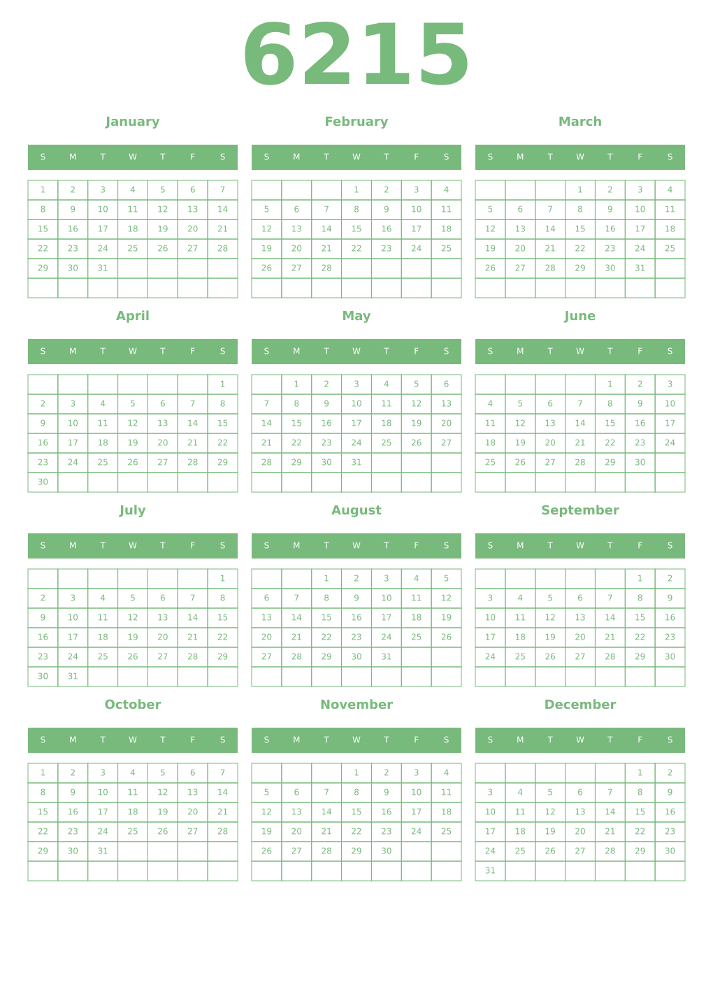 Printable 6215 Year Calendars celadon