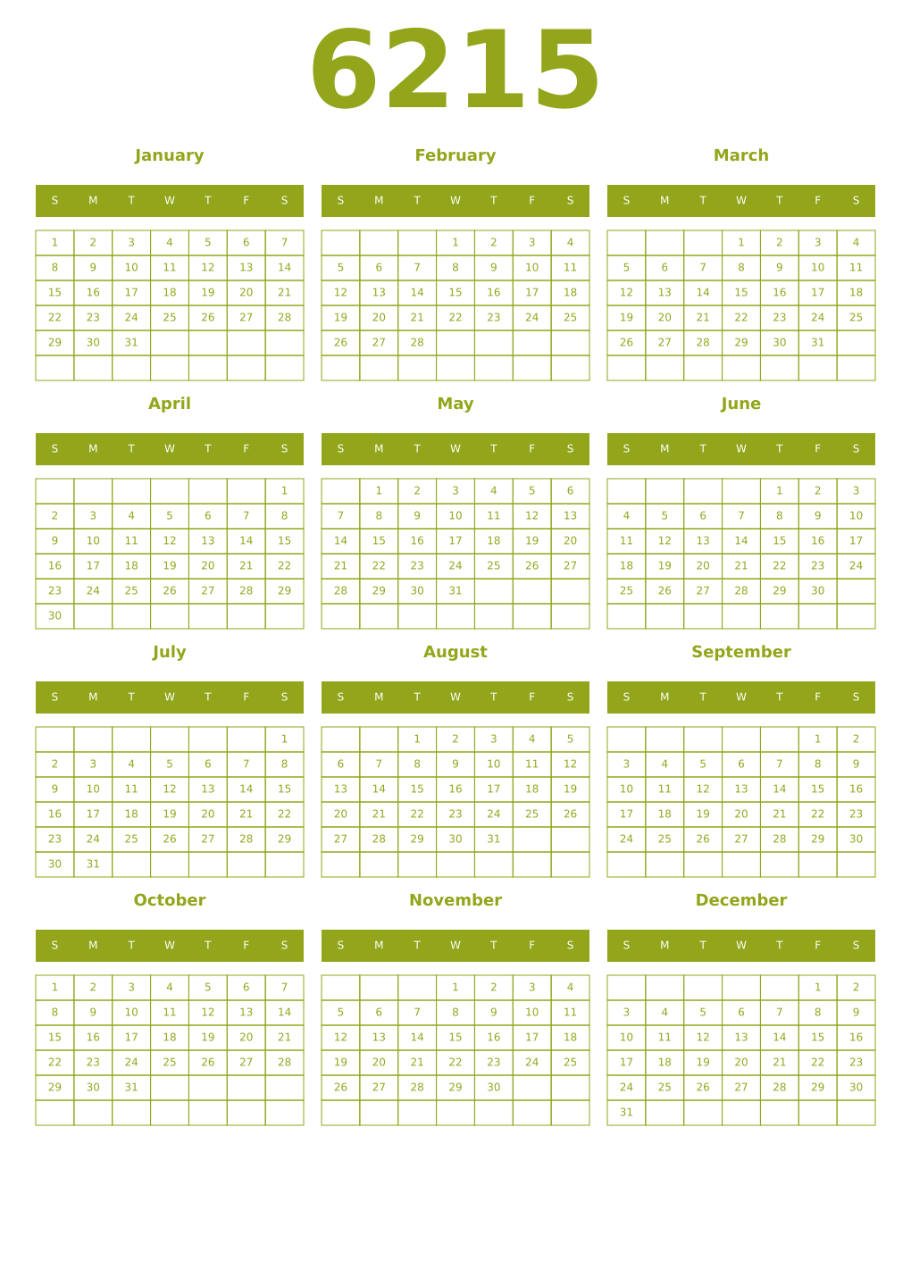 Printable 6215 Year Calendars chartreuse
