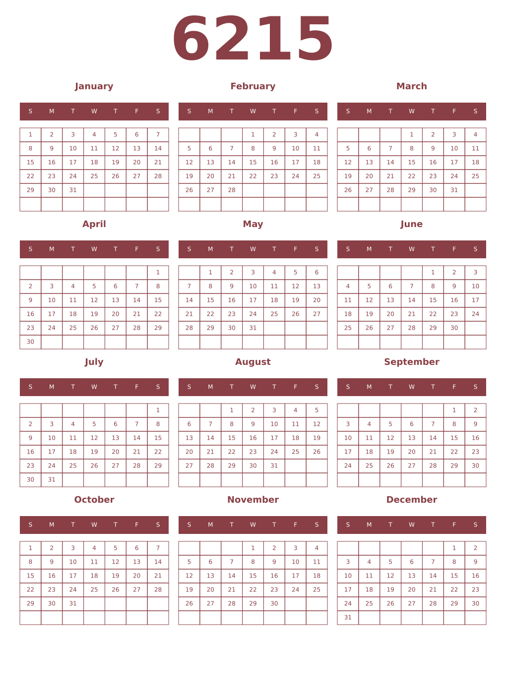 Printable 6215 Year Calendars cordovan