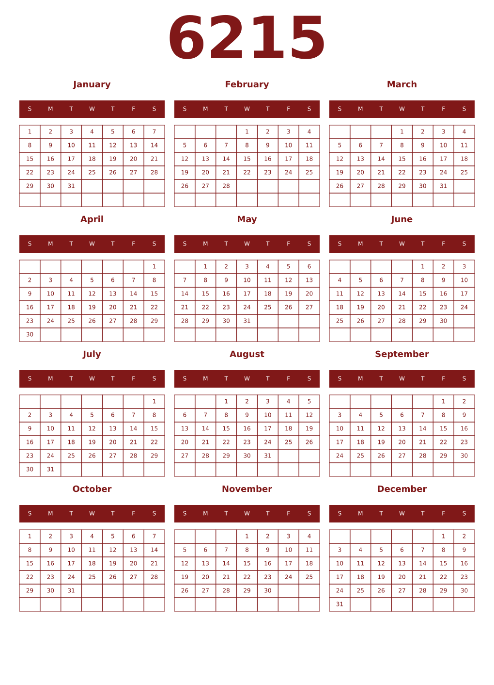 Printable 6215 Year Calendars falu