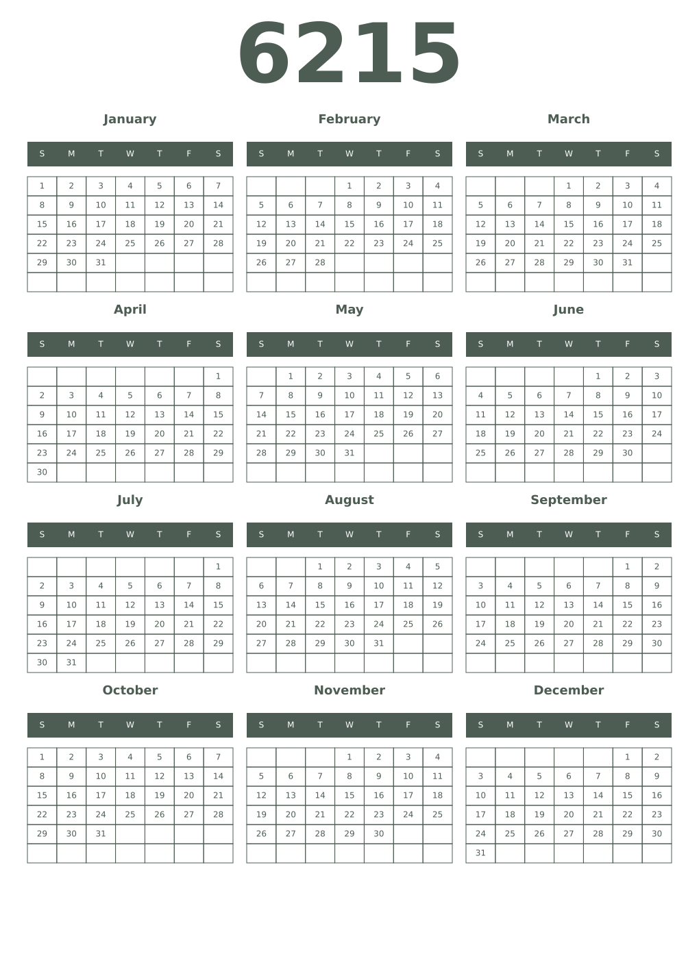 Printable 6215 Year Calendars feldgrau