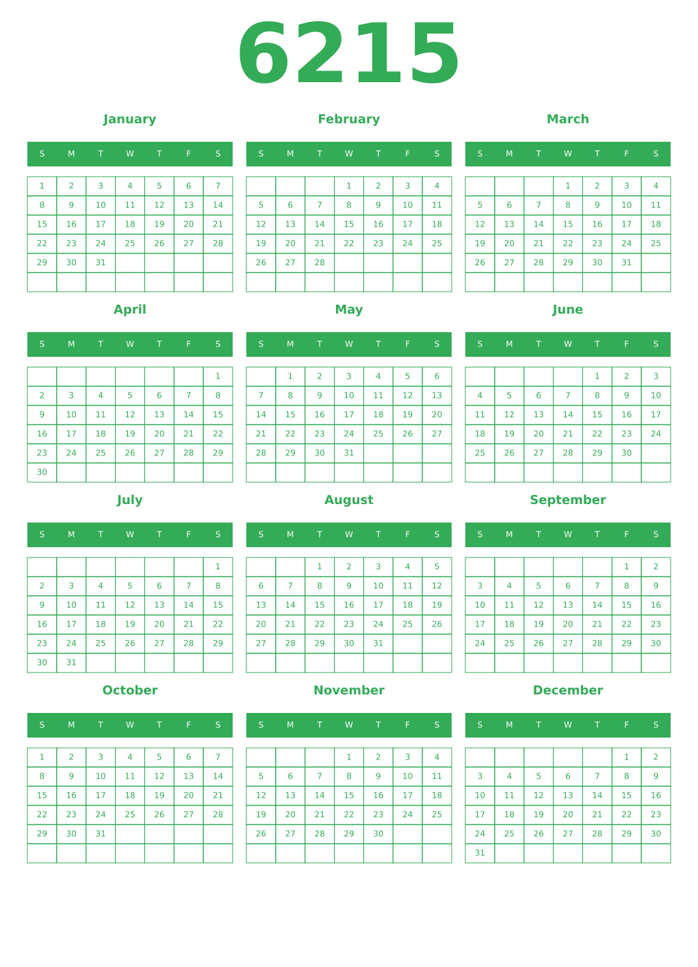 Printable 6215 Year Calendars green