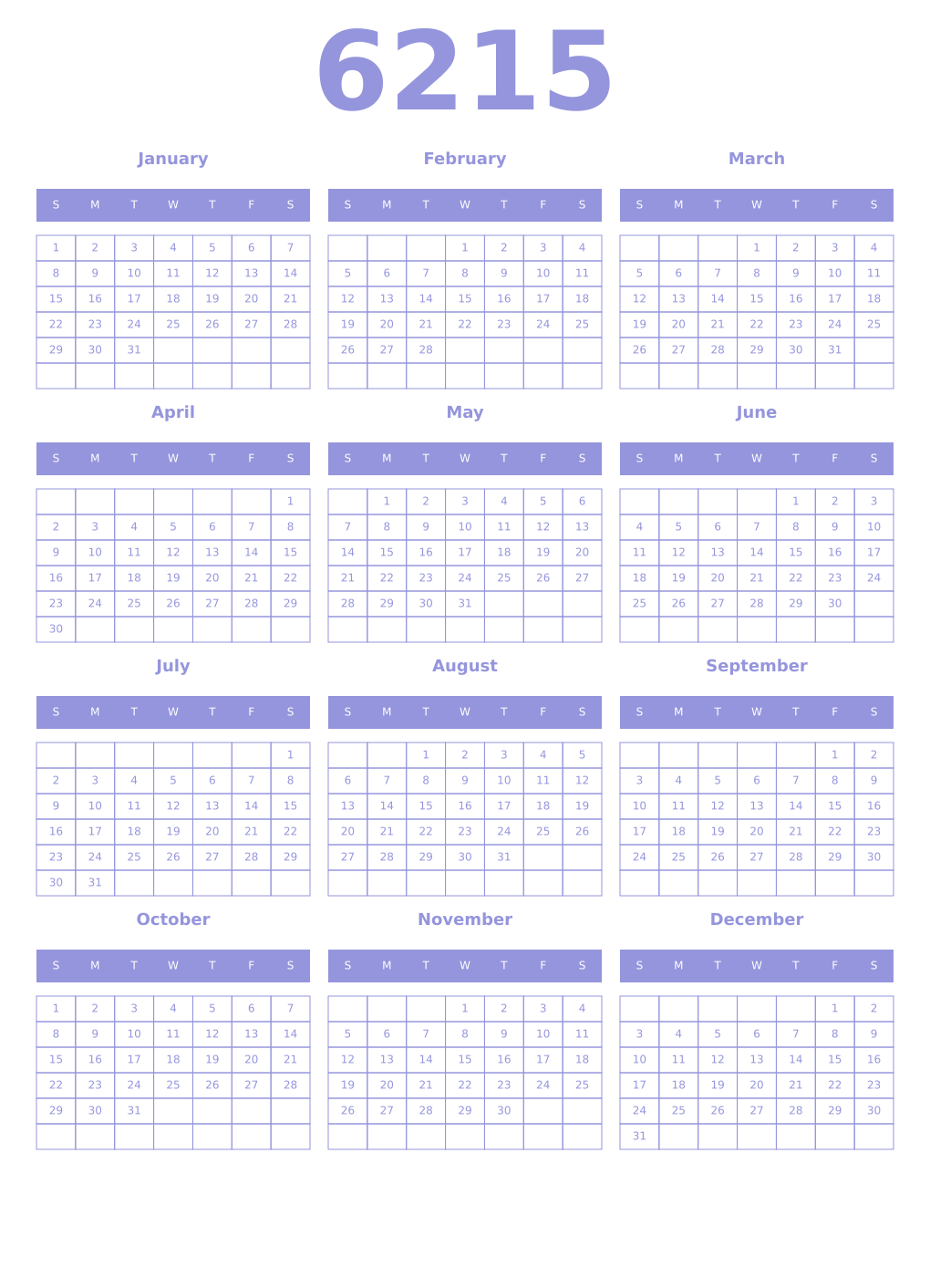 Printable 6215 Year Calendars periwinkle