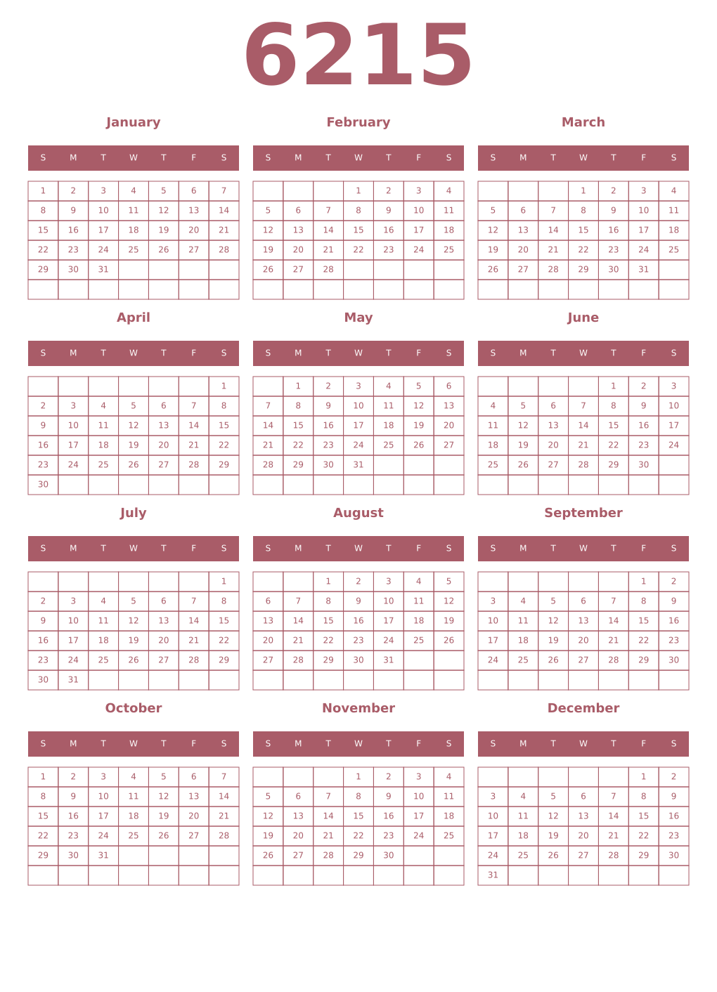 Printable 6215 Year Calendars puce