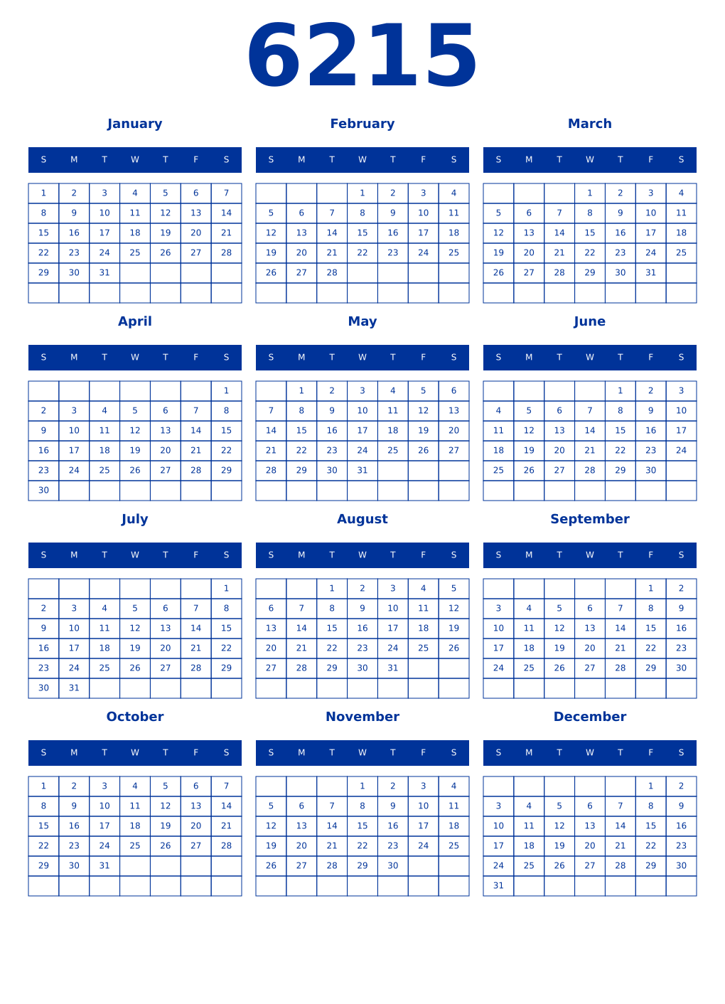 Printable 6215 Year Calendars smalt