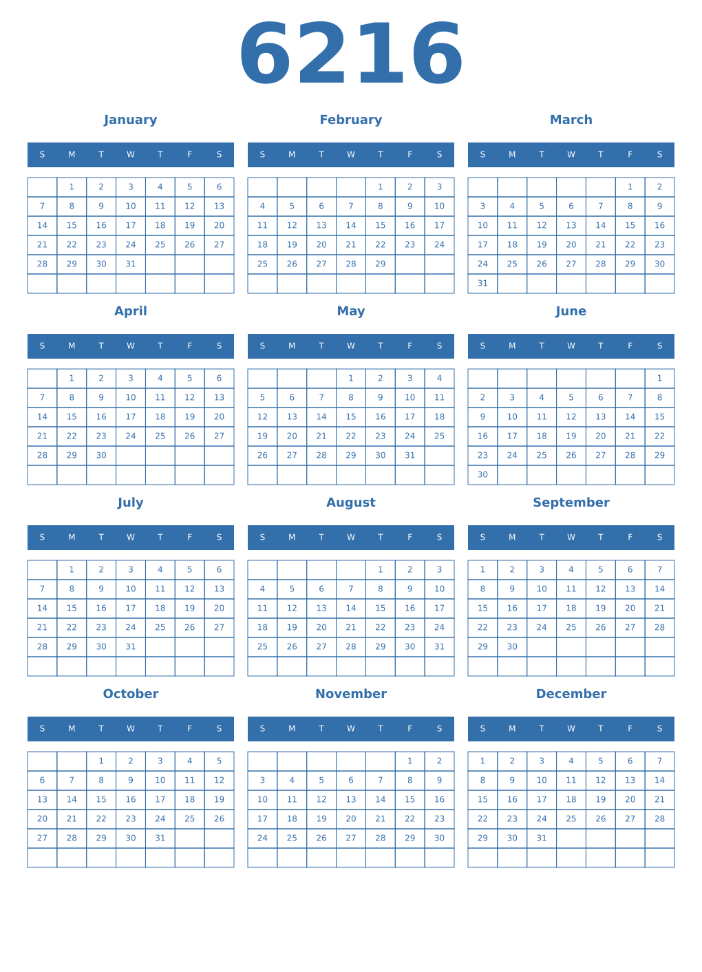 Printable 6216 Year Calendars blue