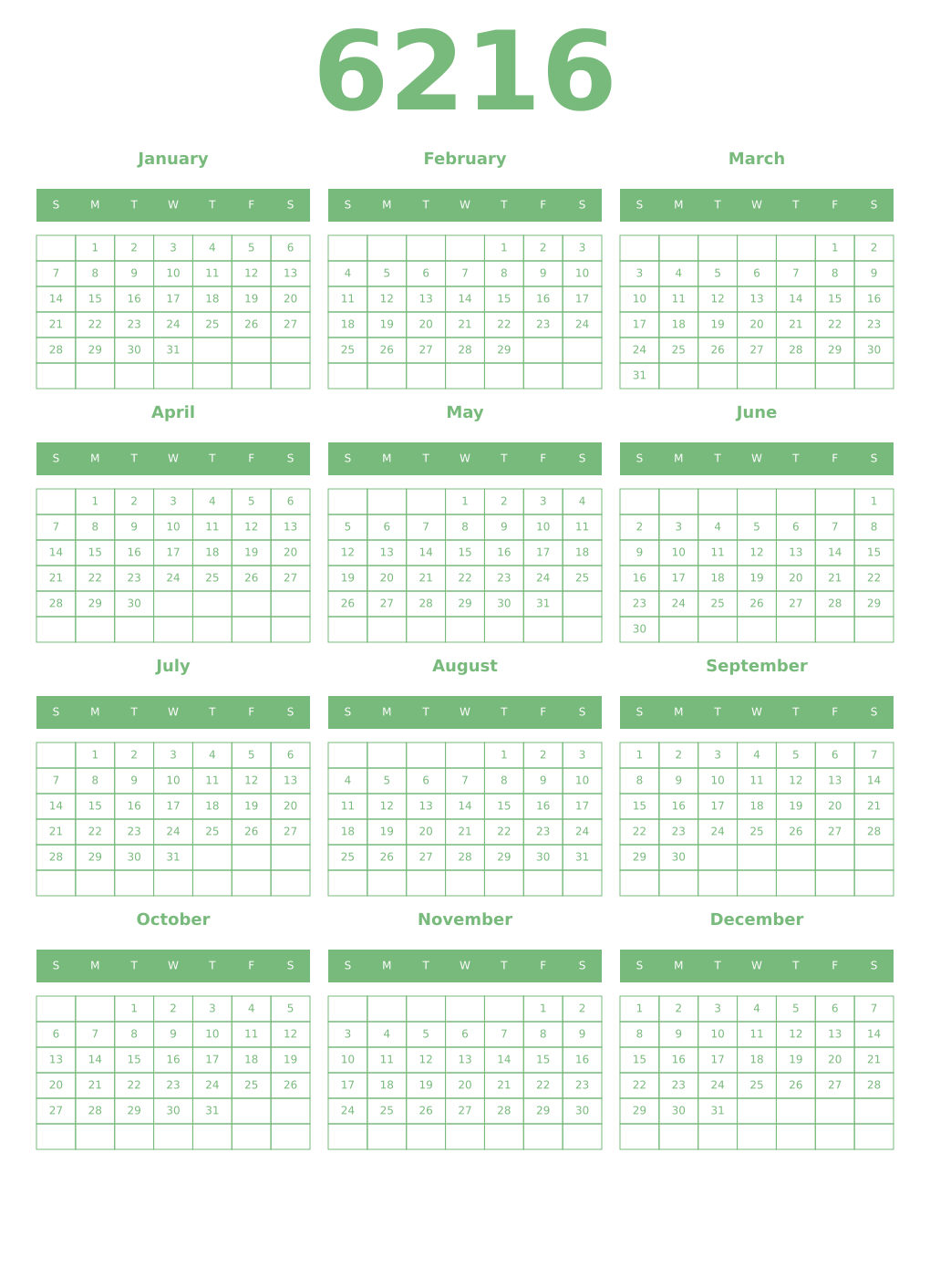 Printable 6216 Year Calendars celadon