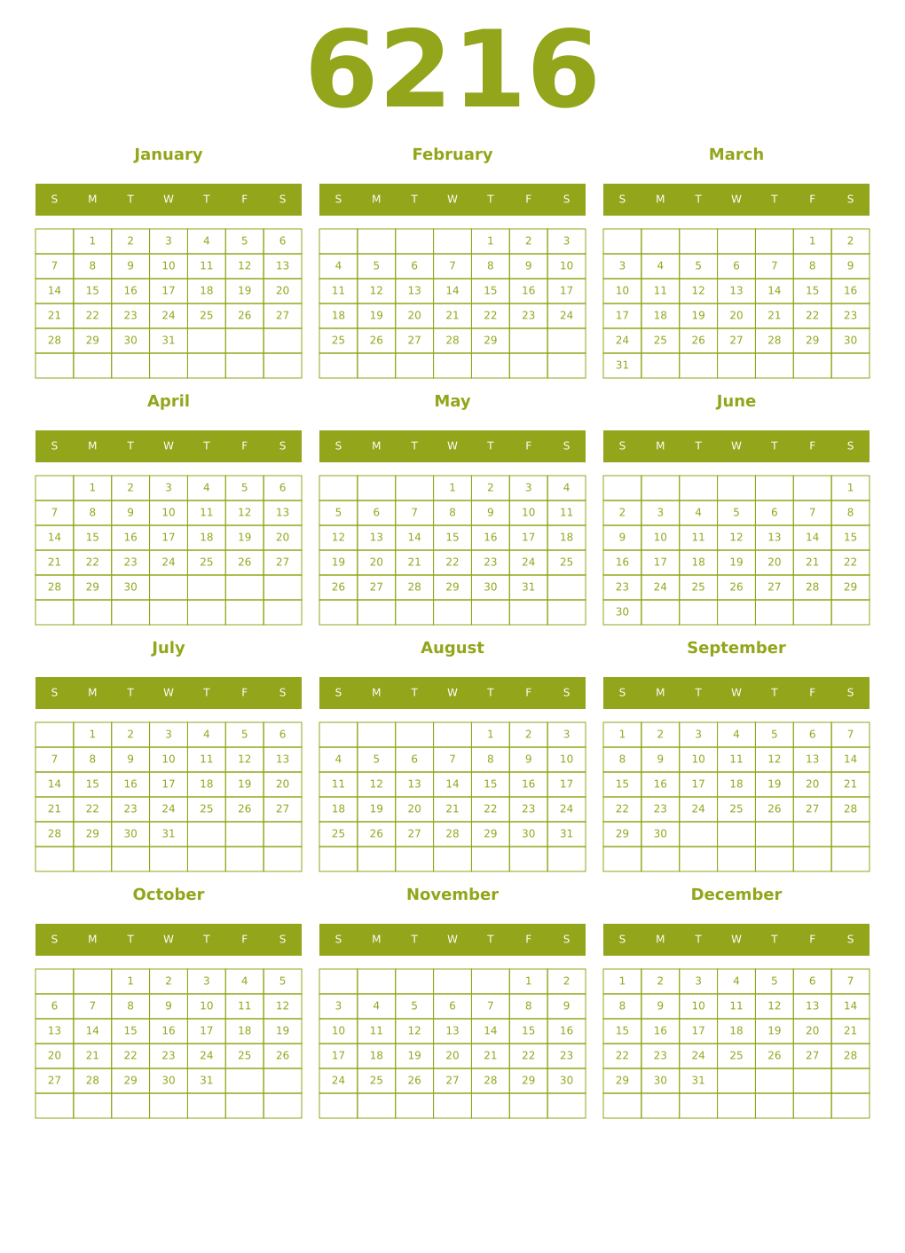 Printable 6216 Year Calendars chartreuse