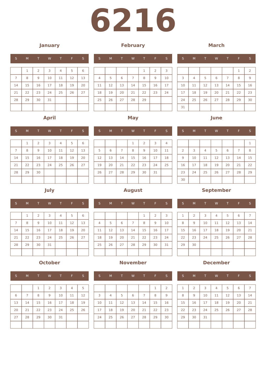 Printable 6216 Year Calendars coffe