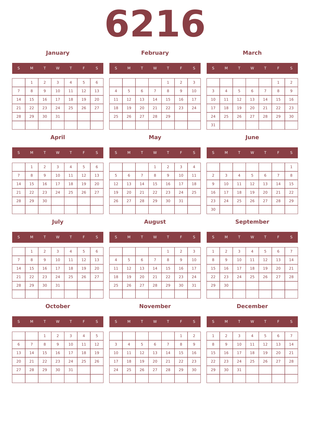 Printable 6216 Year Calendars cordovan