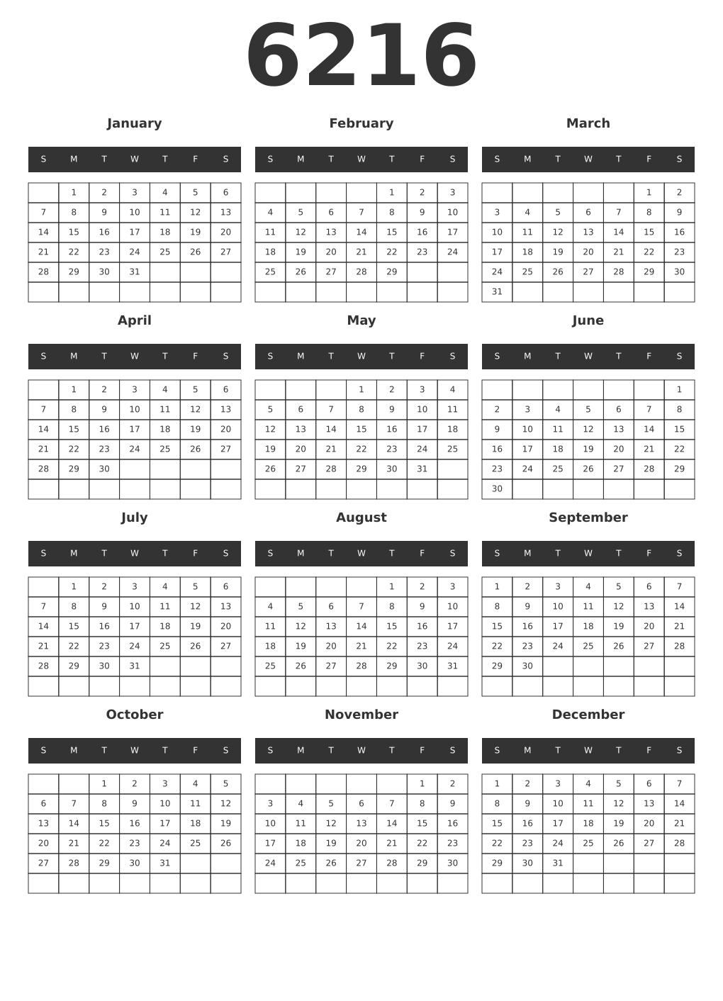 Printable 6216 Year Calendars dark