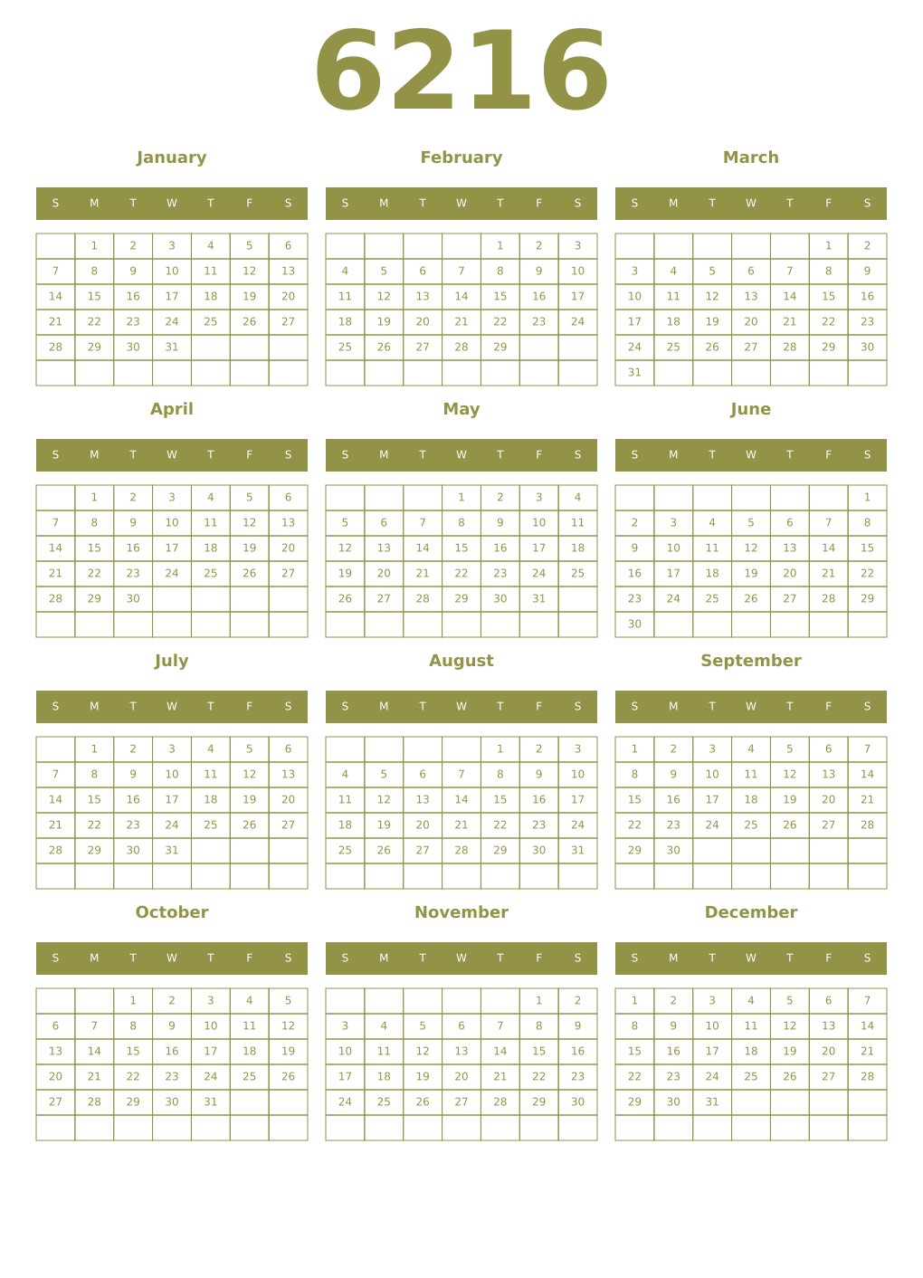 Printable 6216 Year Calendars eburnean