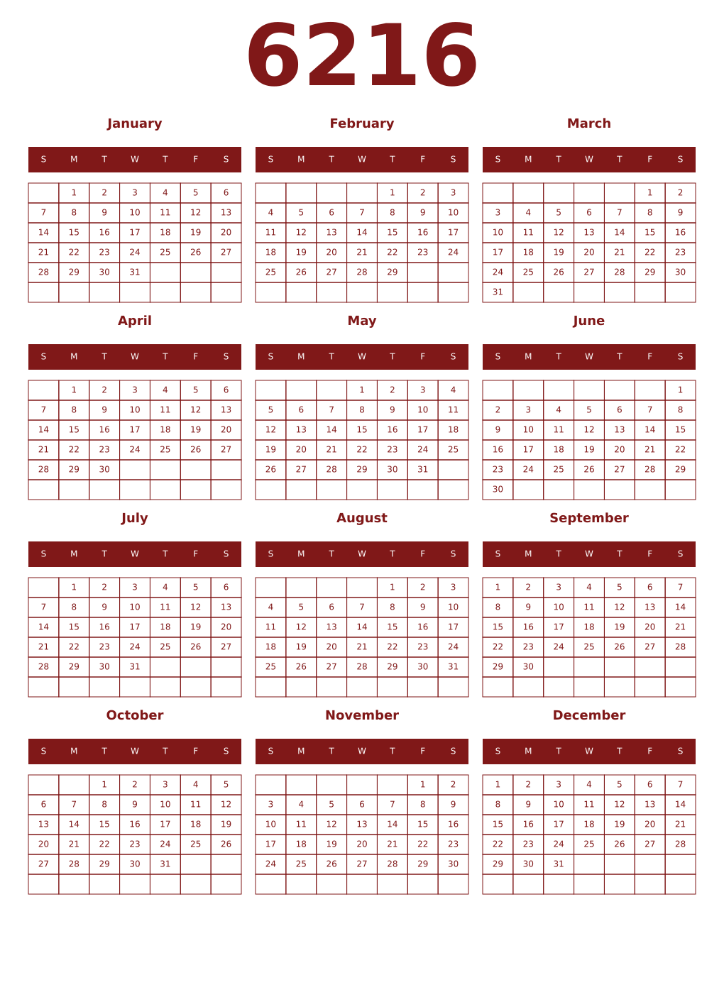 Printable 6216 Year Calendars falu