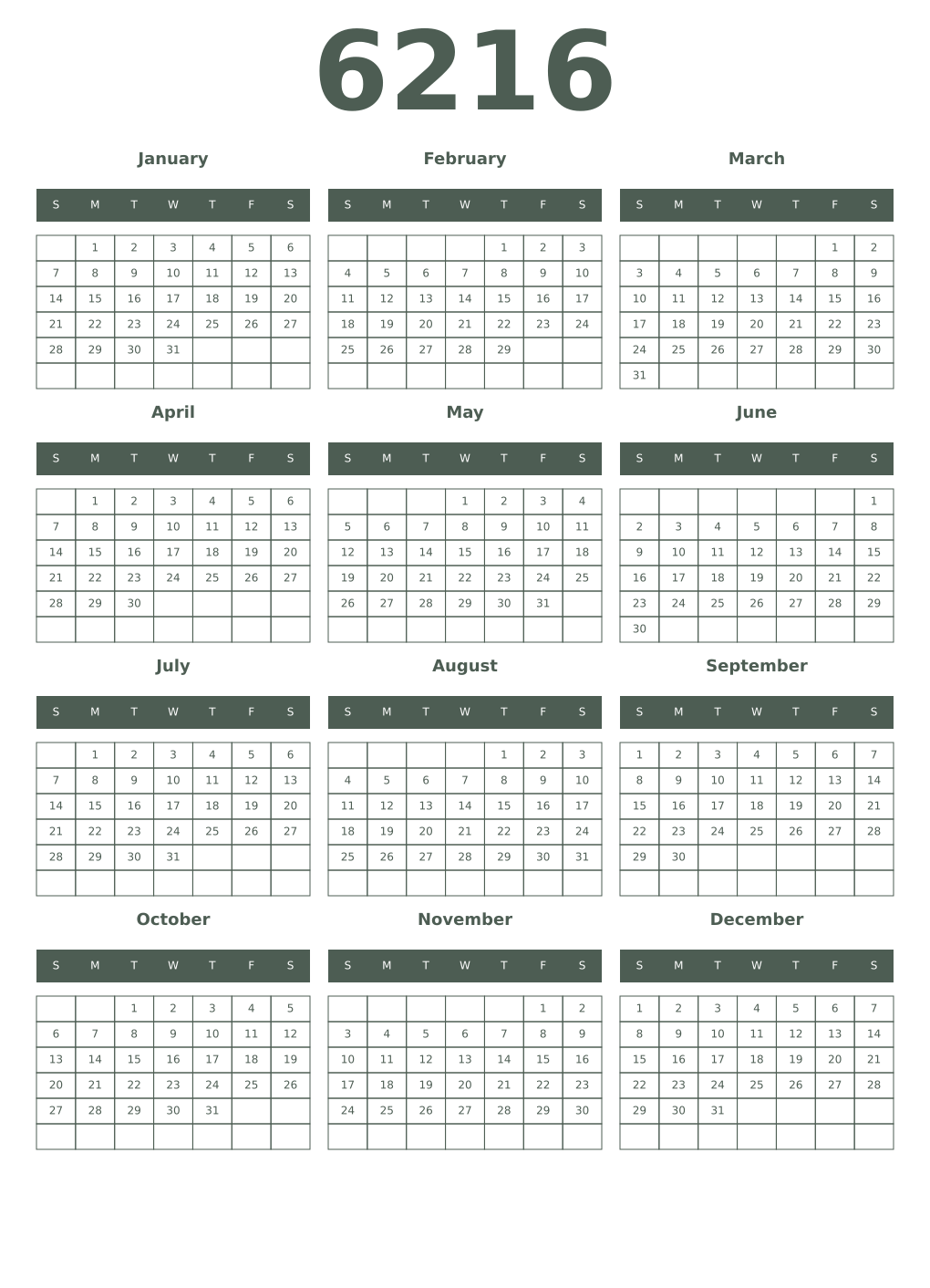 Printable 6216 Year Calendars feldgrau