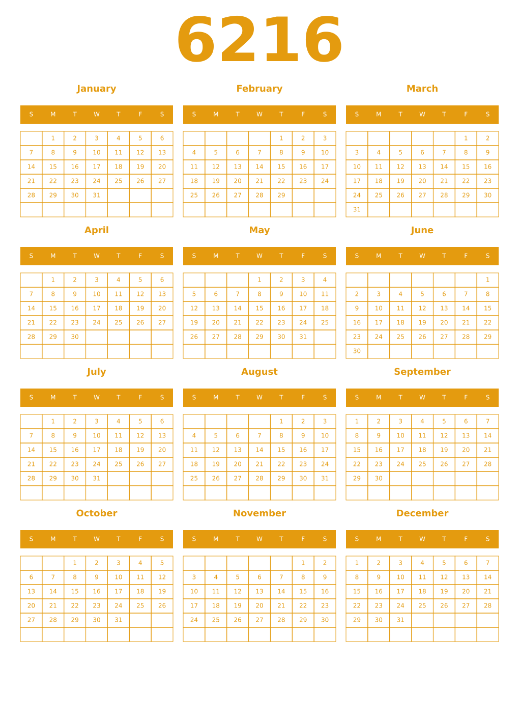 Printable 6216 Year Calendars gamboge