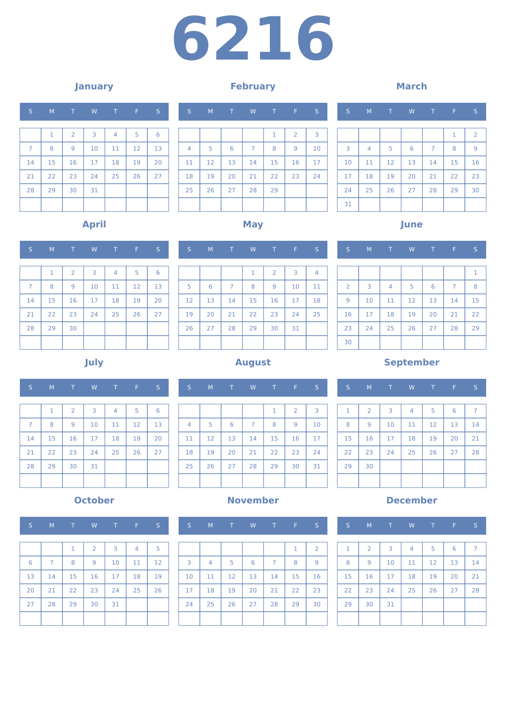 Printable 6216 Year Calendars glaucous