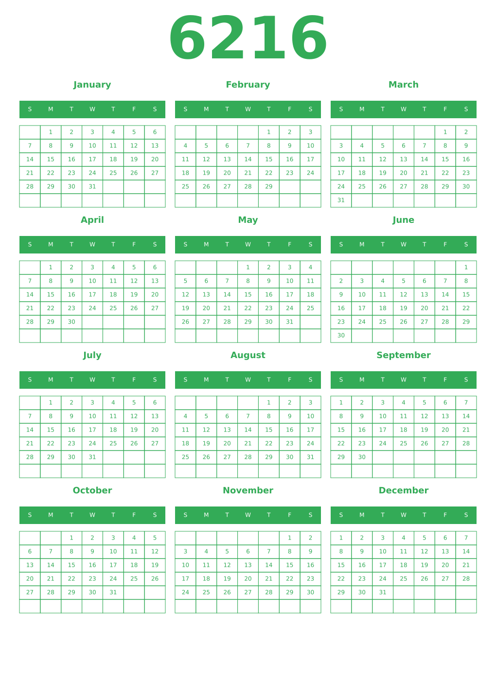 Printable 6216 Year Calendars green