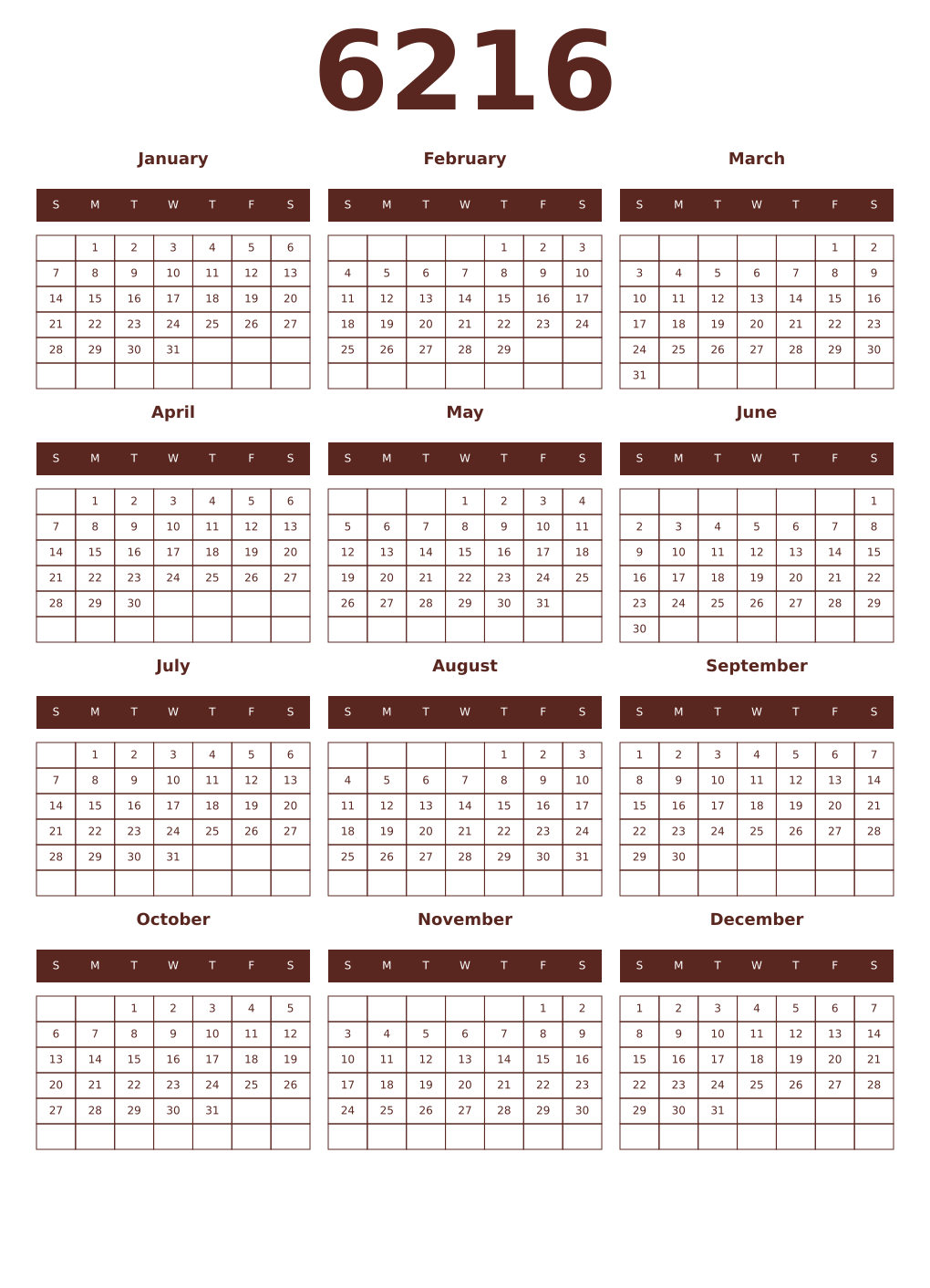 Printable 6216 Year Calendars mortuum