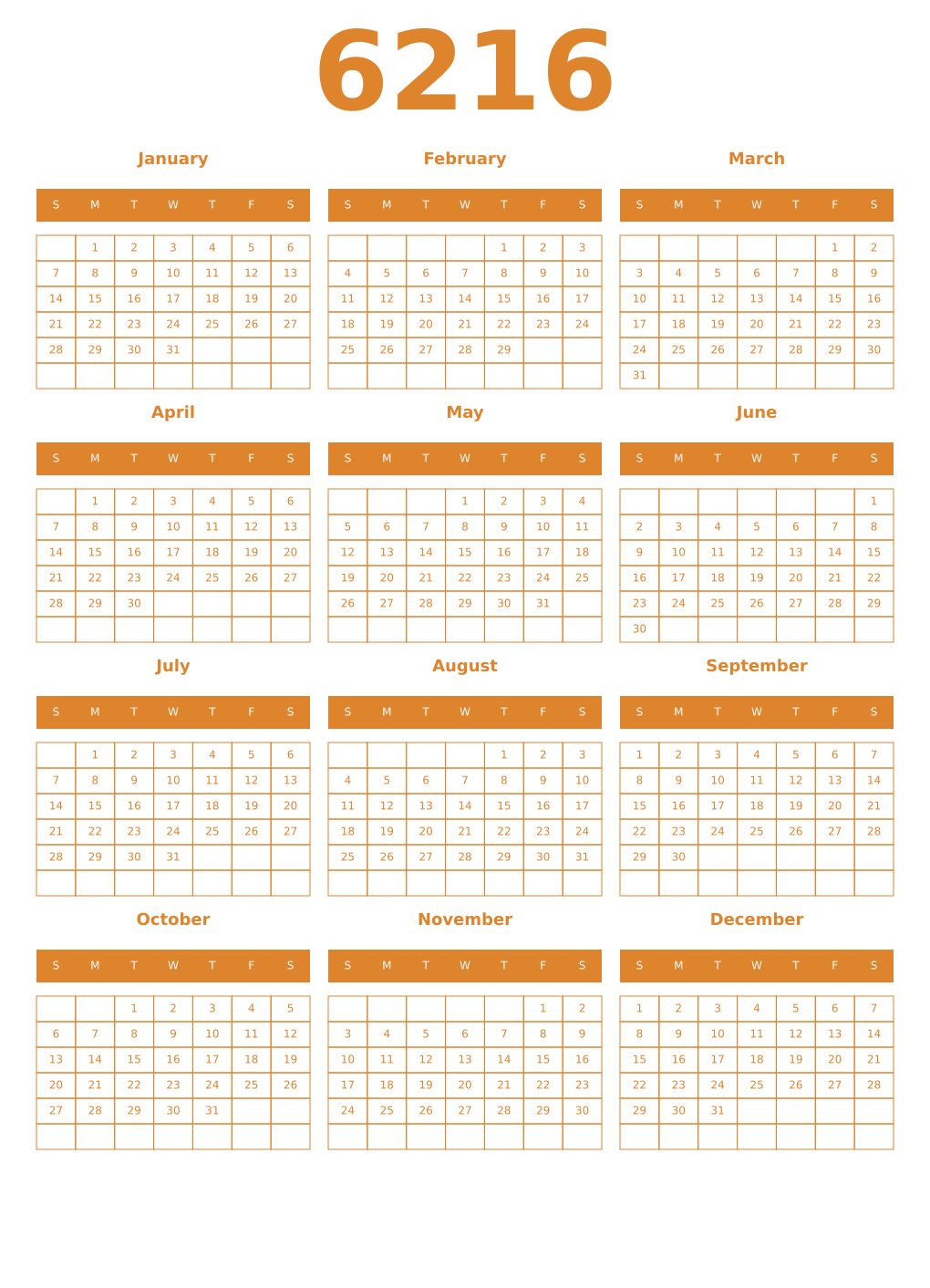 Printable 6216 Year Calendars orange