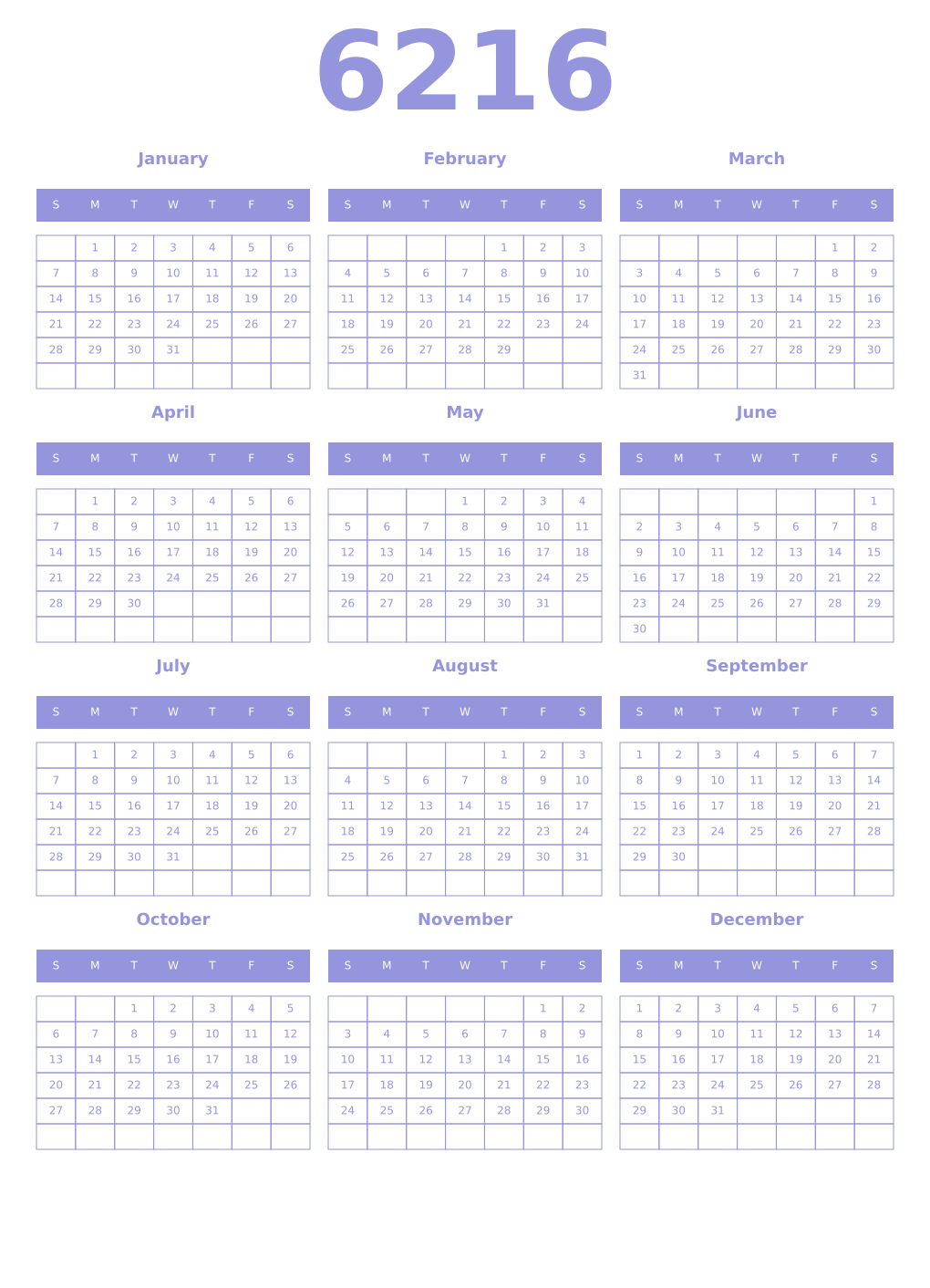 Printable 6216 Year Calendars periwinkle