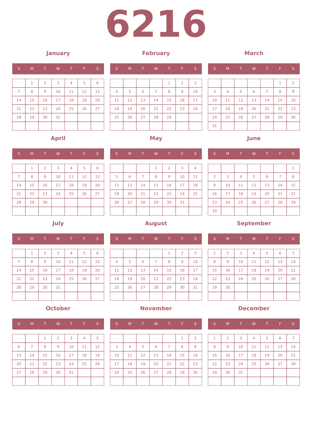 Printable 6216 Year Calendars puce