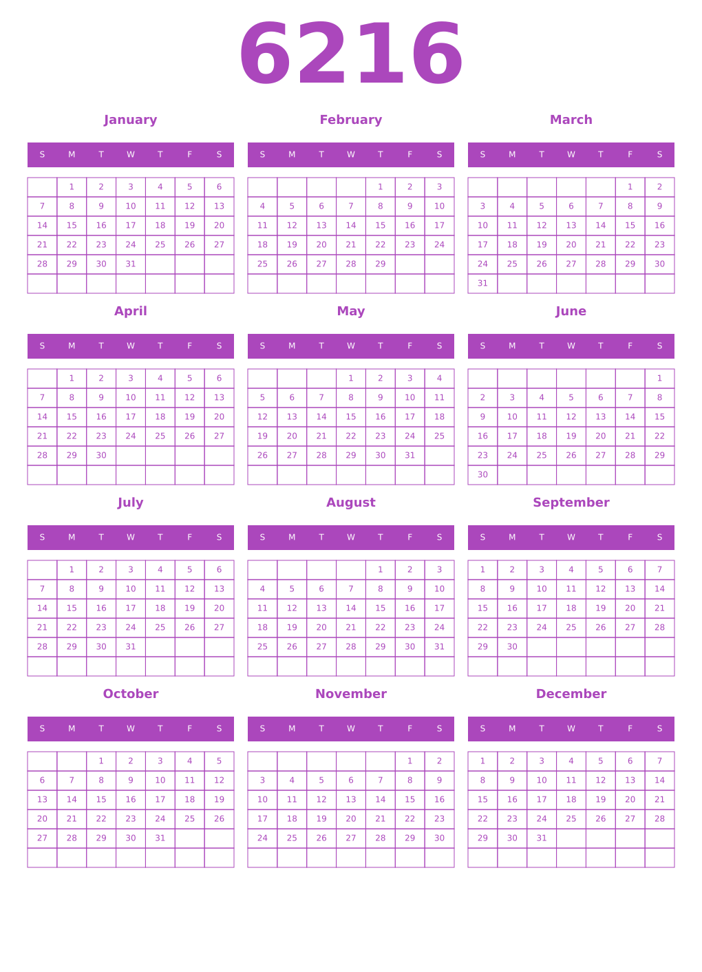 Printable 6216 Year Calendars purple