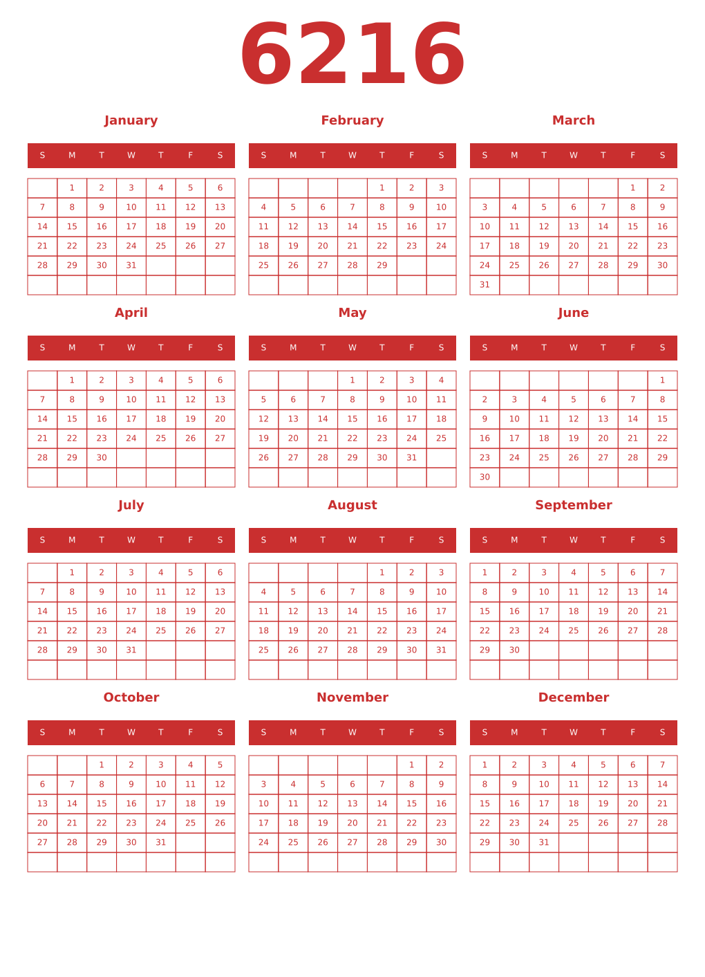 Printable 6216 Year Calendars red