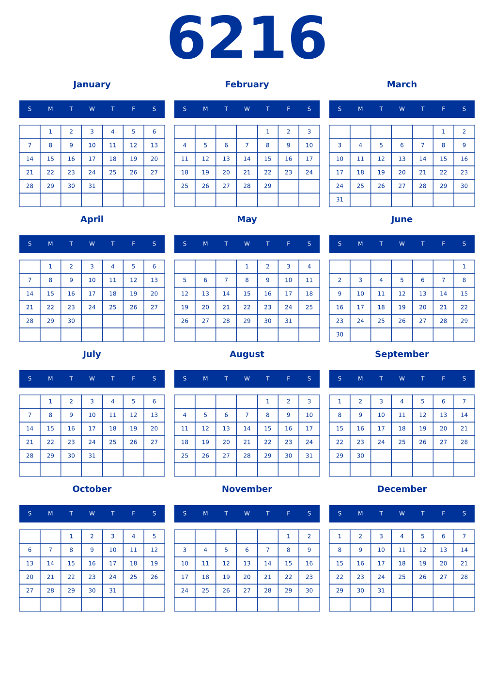 Printable 6216 Year Calendars smalt