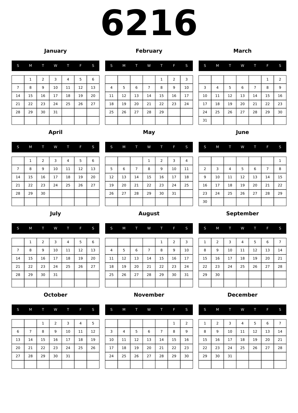 Printable 6216 Calendars