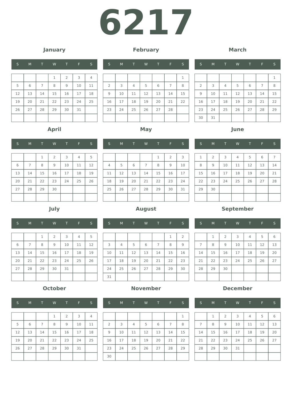 Printable 6217 Year Calendars feldgrau