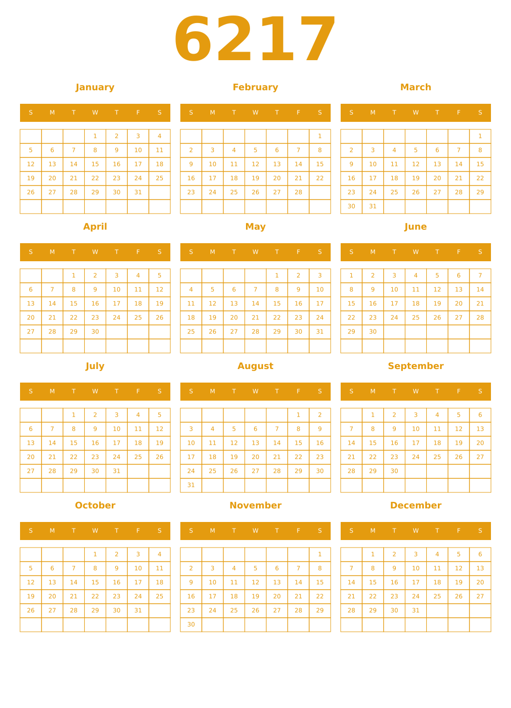 Printable 6217 Year Calendars gamboge