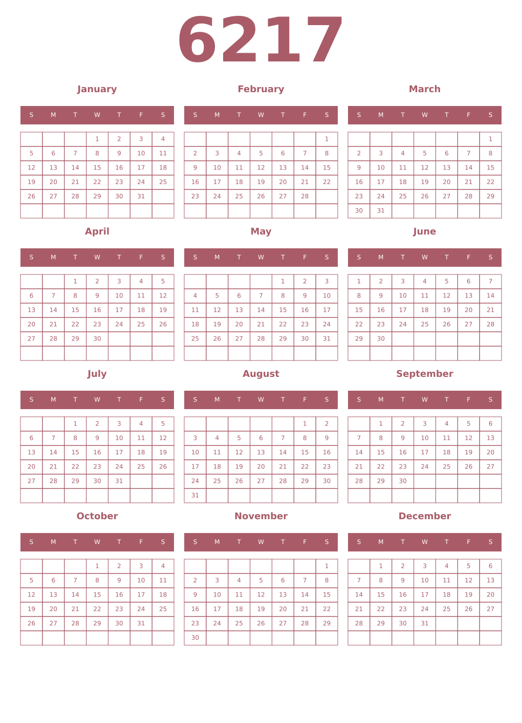Printable 6217 Year Calendars puce