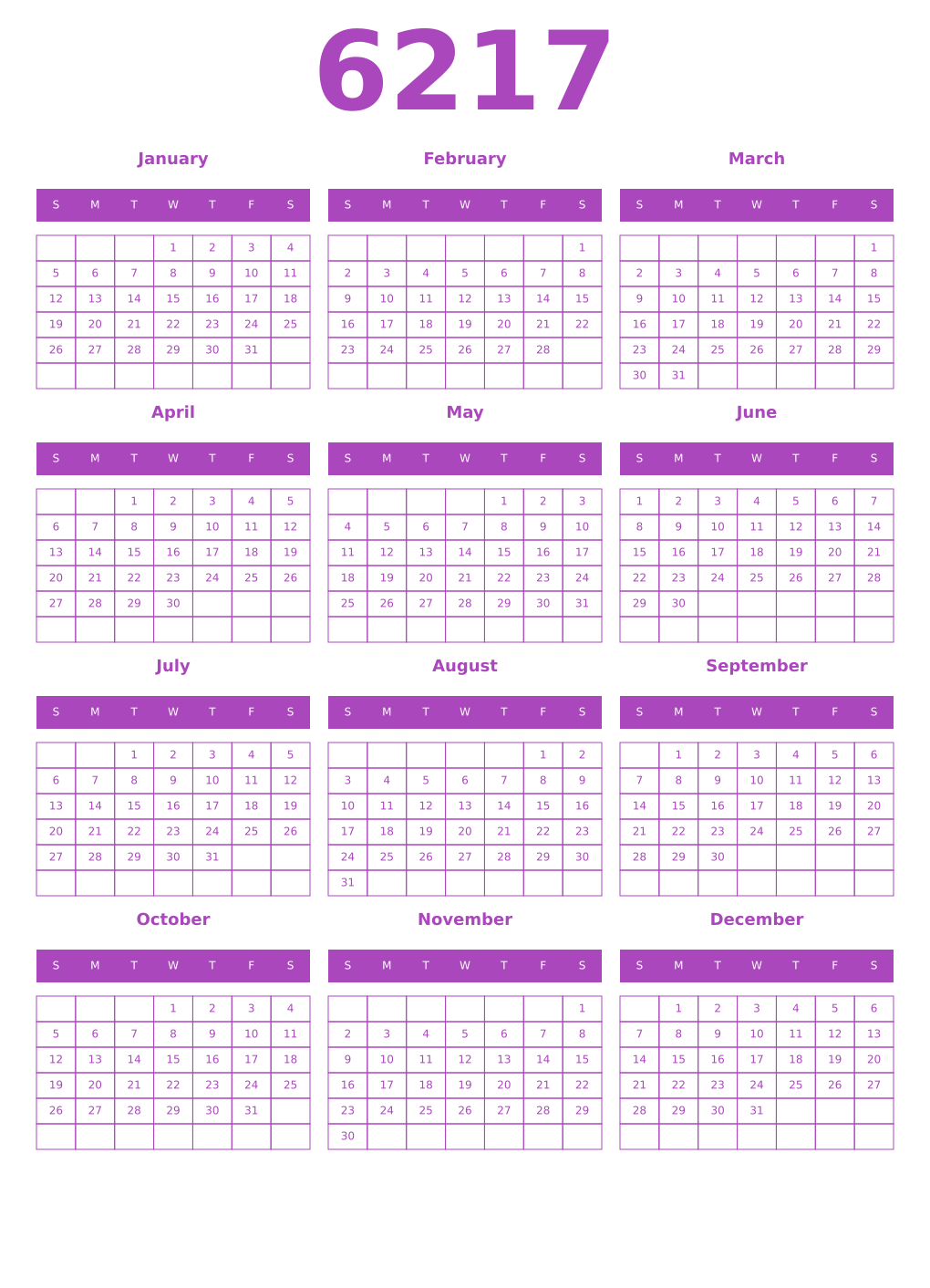 Printable 6217 Year Calendars purple