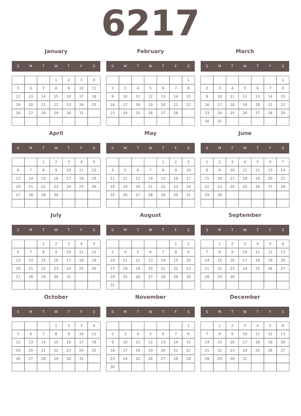 Printable 6217 Year Calendars wenge