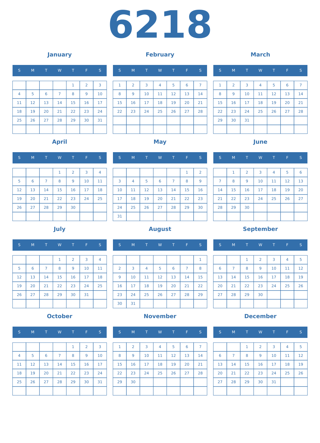 Printable 6218 Year Calendars blue
