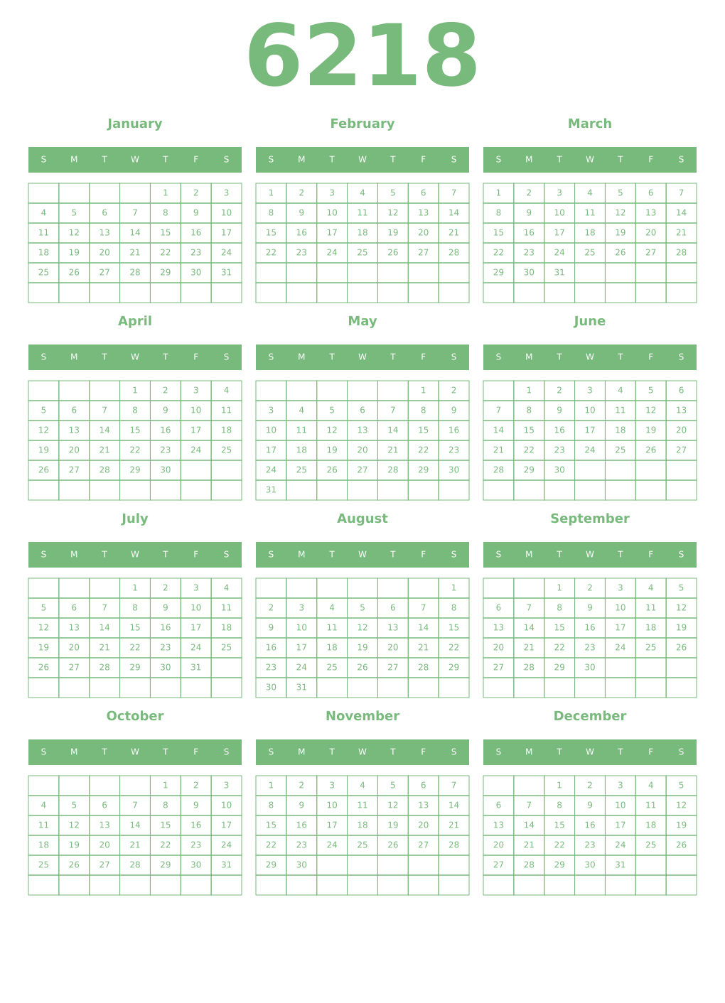 Printable 6218 Year Calendars celadon