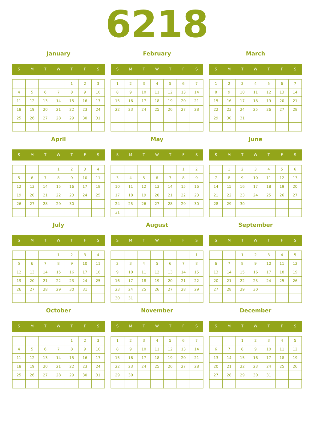 Printable 6218 Year Calendars chartreuse
