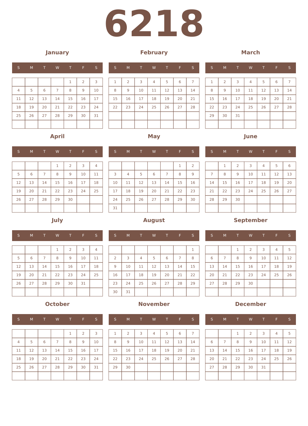 Printable 6218 Year Calendars coffe