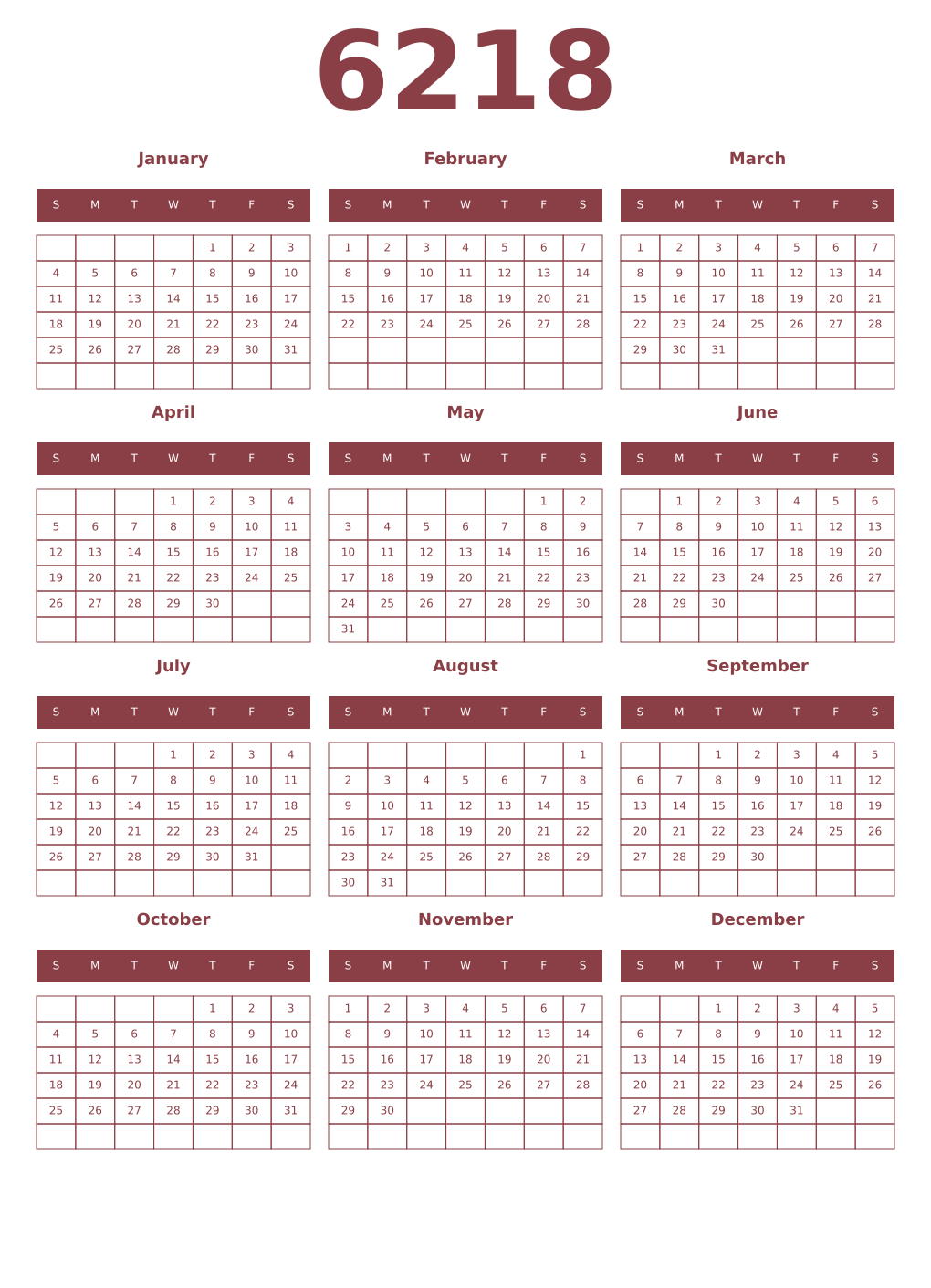 Printable 6218 Year Calendars cordovan