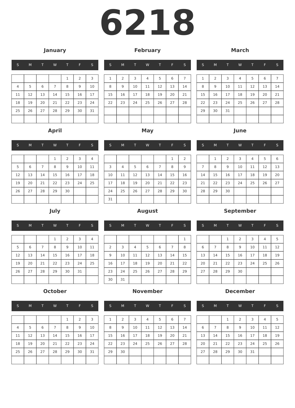 Printable 6218 Year Calendars dark