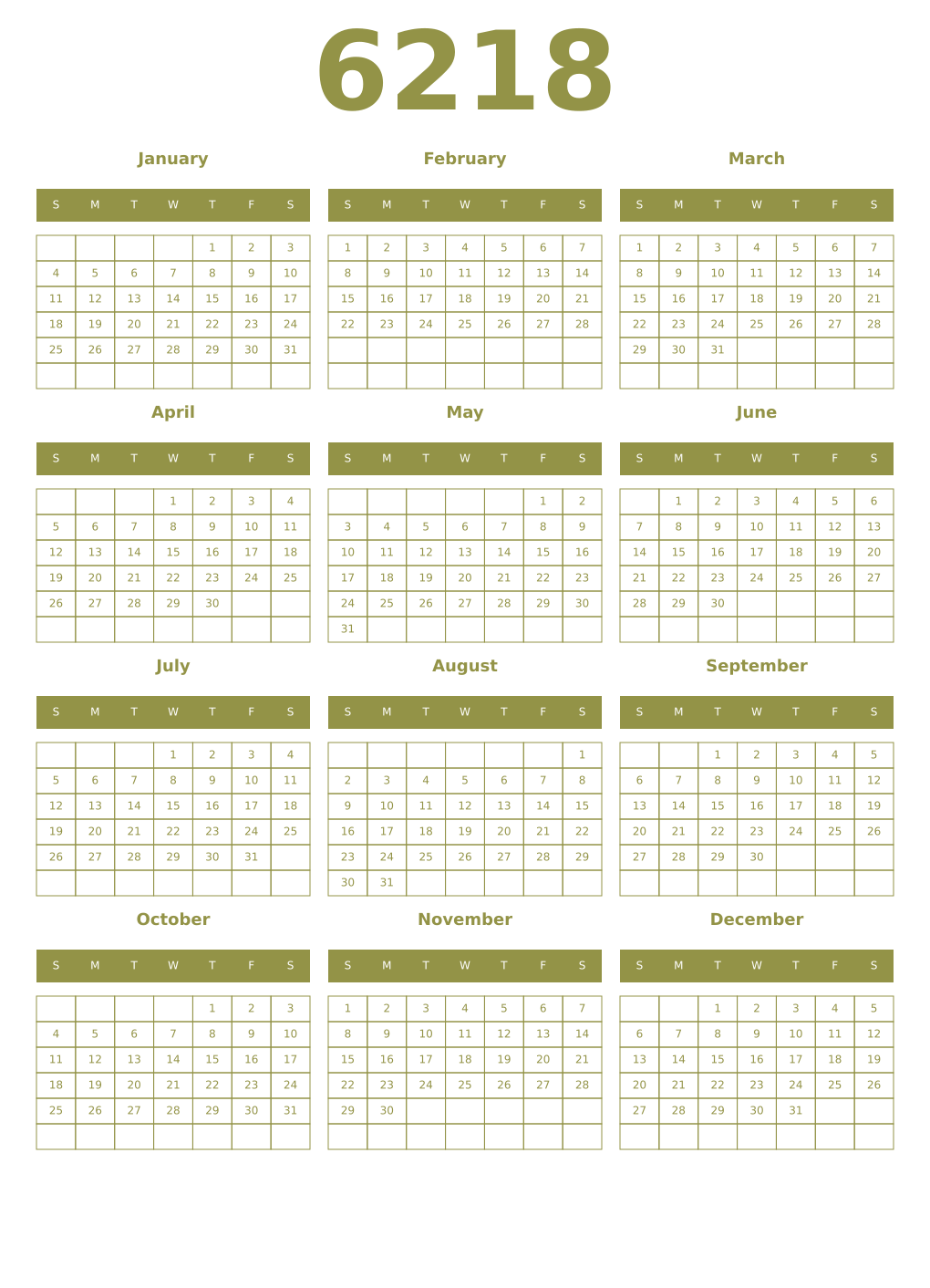 Printable 6218 Year Calendars eburnean
