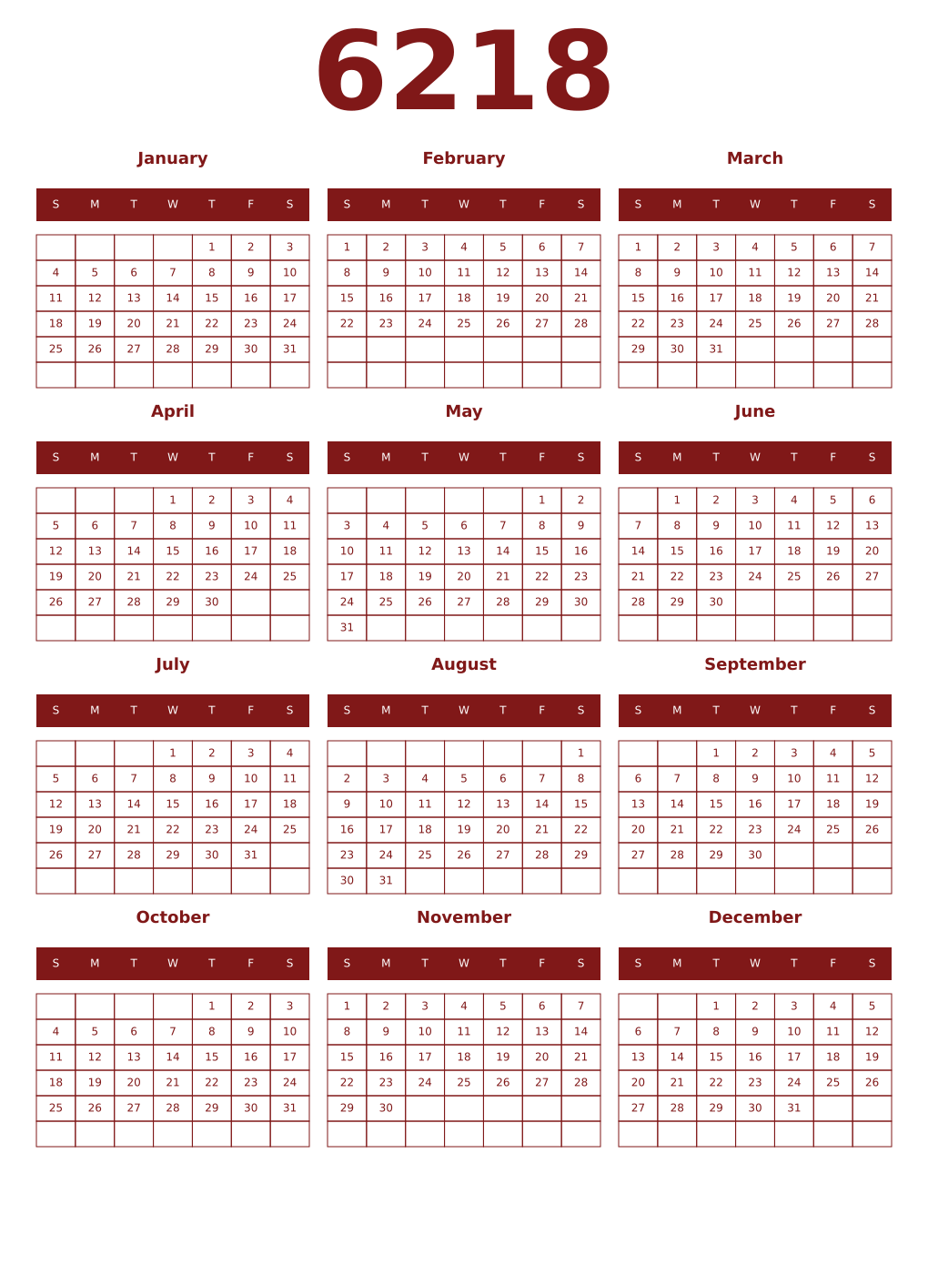 Printable 6218 Year Calendars falu
