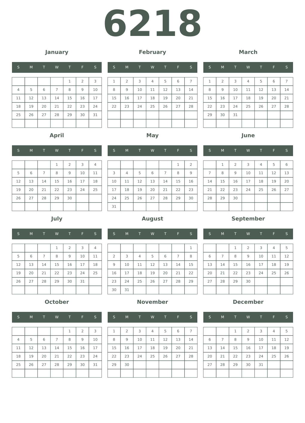 Printable 6218 Year Calendars feldgrau