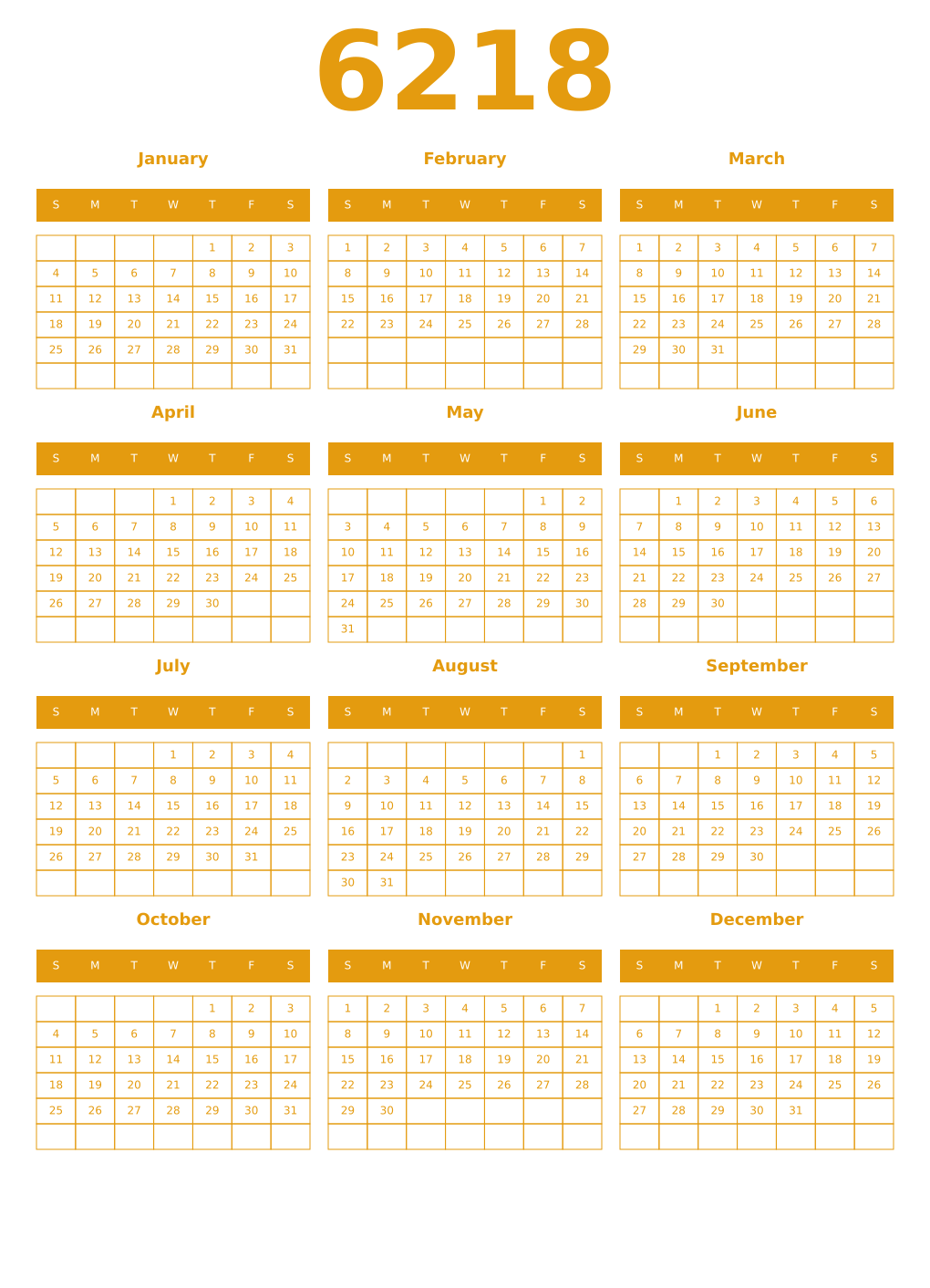 Printable 6218 Year Calendars gamboge